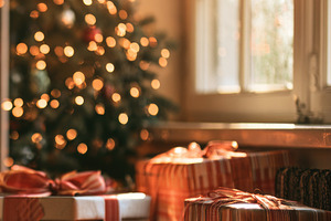 Cozy Christmas morning with wrapped gifts beside glowing tree, an Abstract Photo by José Manuel Gelpi