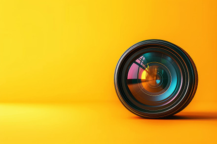 The camera lens lays on a bright yel, a Photo by Tanuart