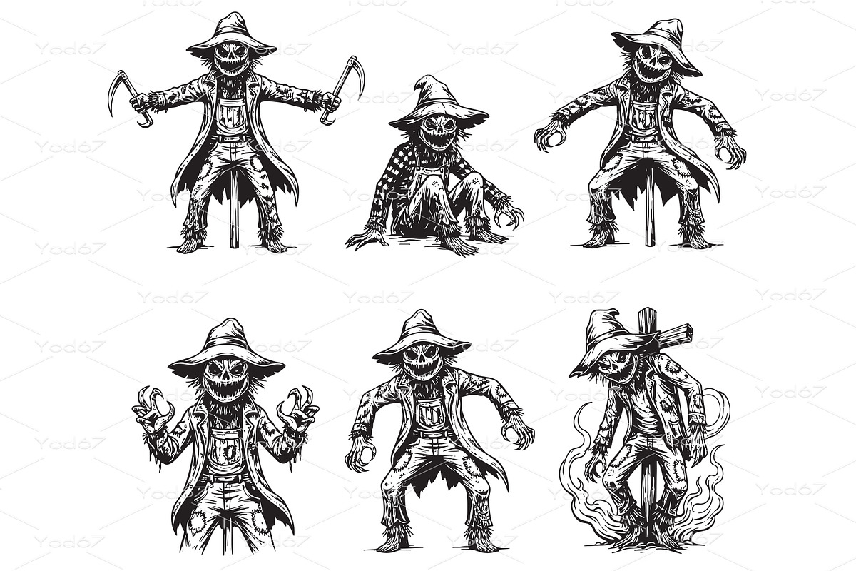 Scarecrow characters in various pose, a Person Illustration by yod67