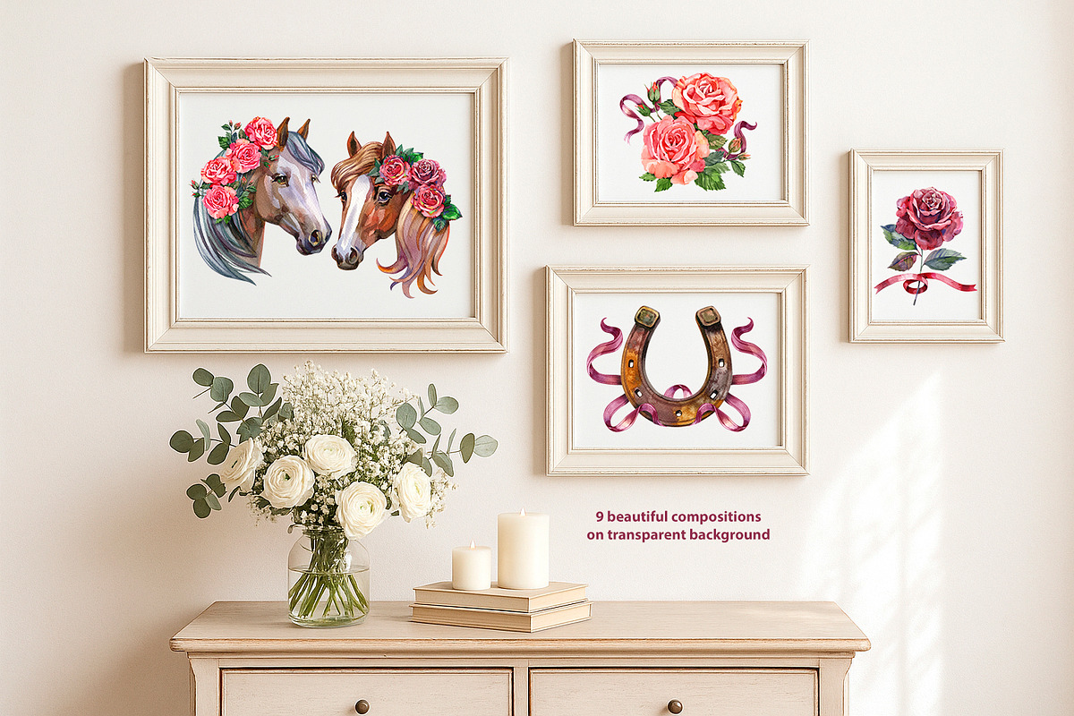 Roses and Horses Watercolor Cliparts, an Animal Illustration by NataliMiasStore (Photo 7 of 8)