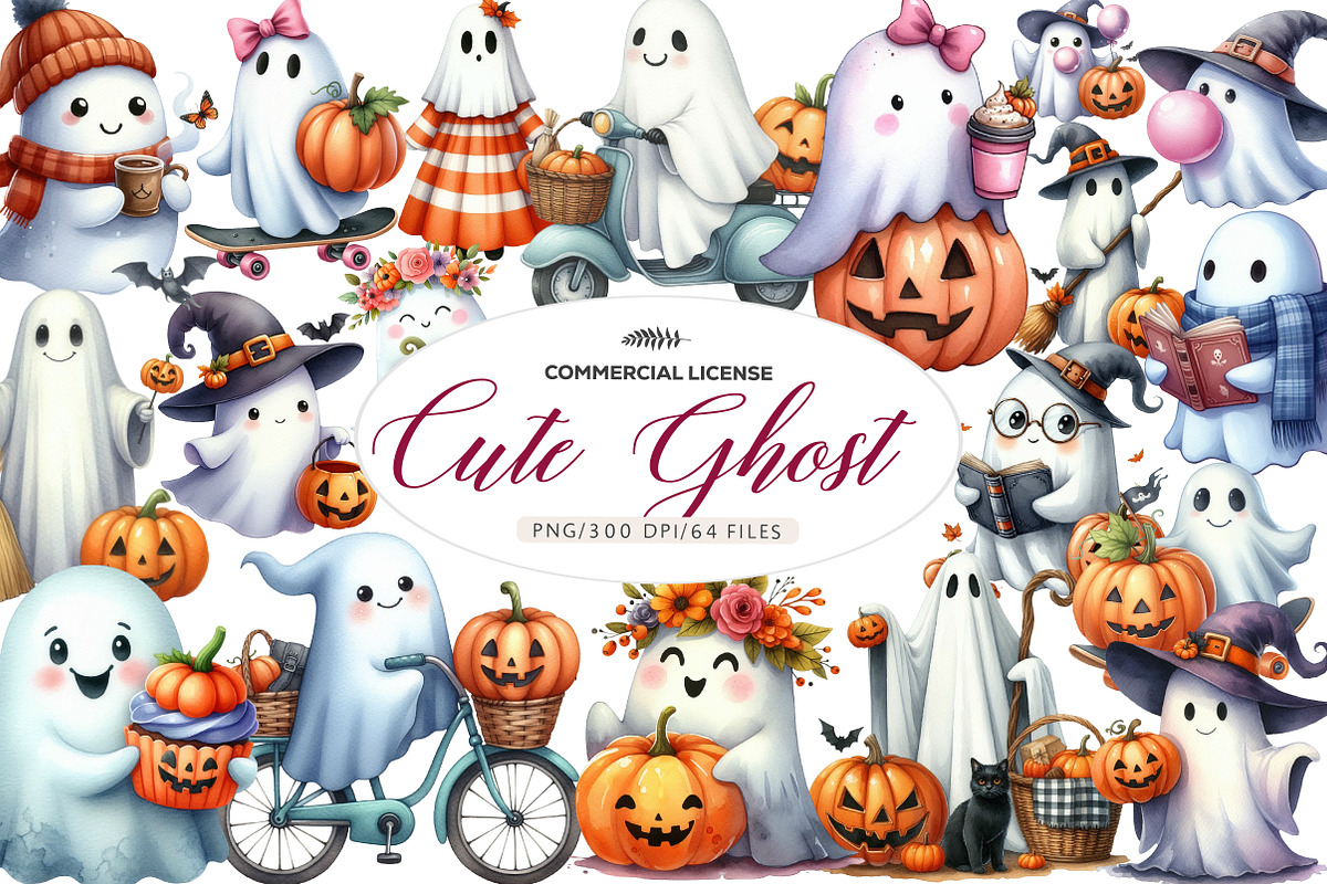 Cute Ghost Halloween Clipart, an Illustration by CreationArt (Photo 1 of 5)