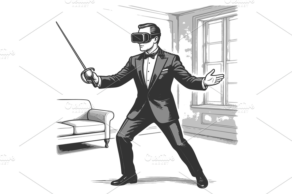 Man fencing with VR headset indoors, a Person Illustration by AlexArt