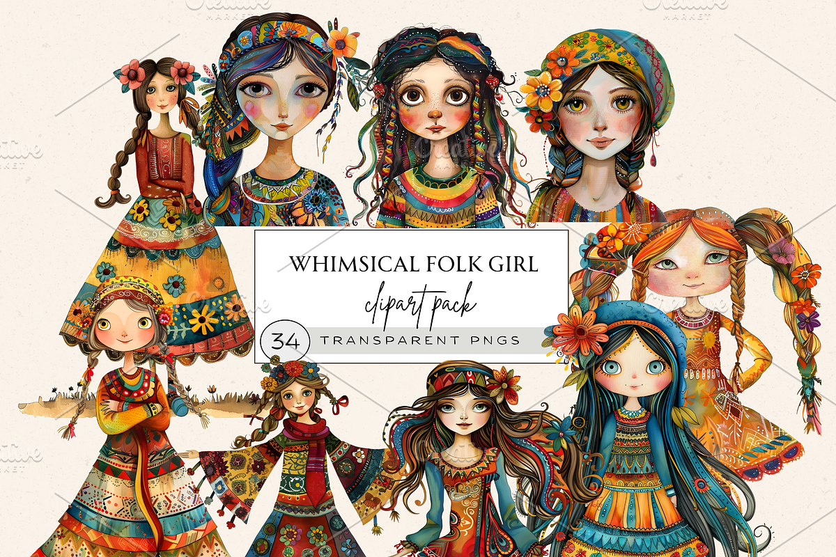 WHIMSICAL FOLK GIRL CLIPART PACK, a Person Illustration by Daring Digies (Photo 1 of 9)