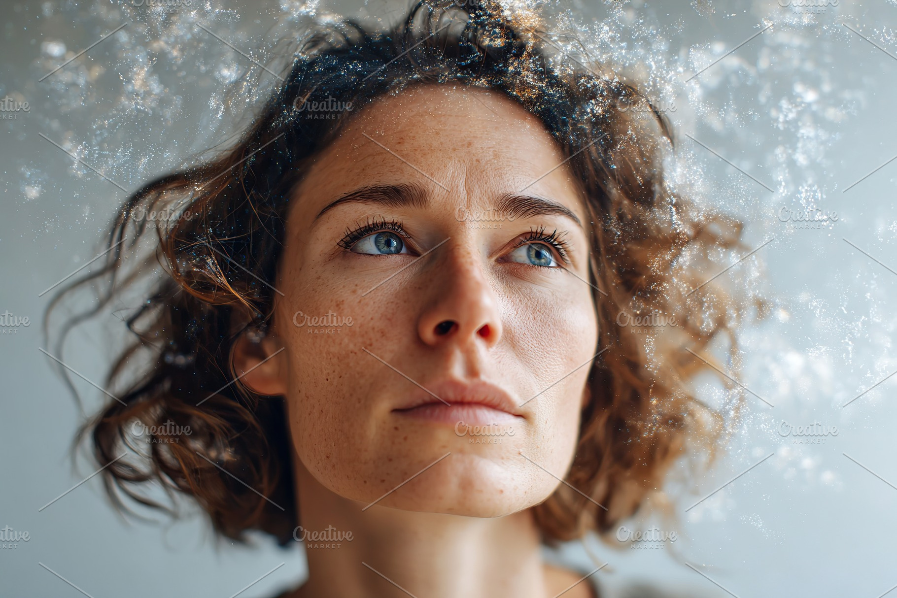 Visual static enveloping head of woman with curly hair in soft light, creating, a Person Photo by AlyaAnd