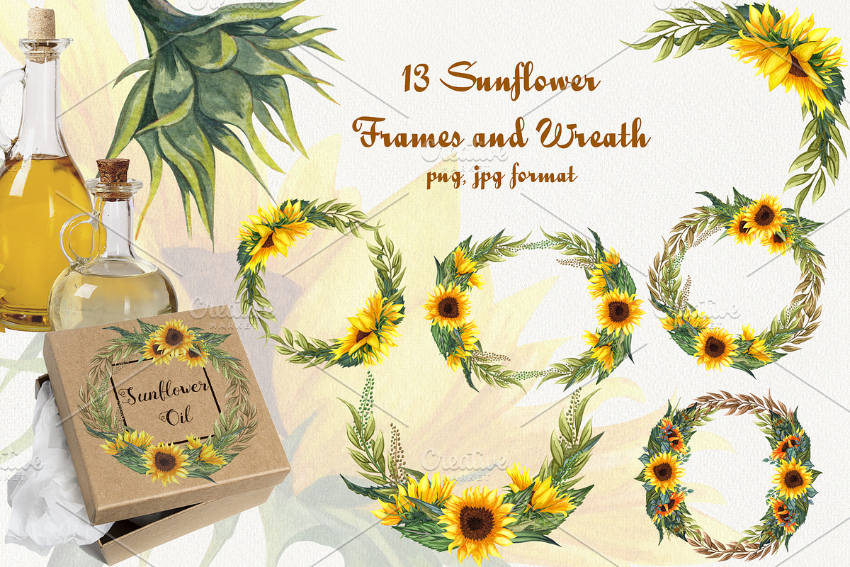 Sunflowers Watercolor Set, a Food Illustration by BarvArt (Photo 6 of 15)
