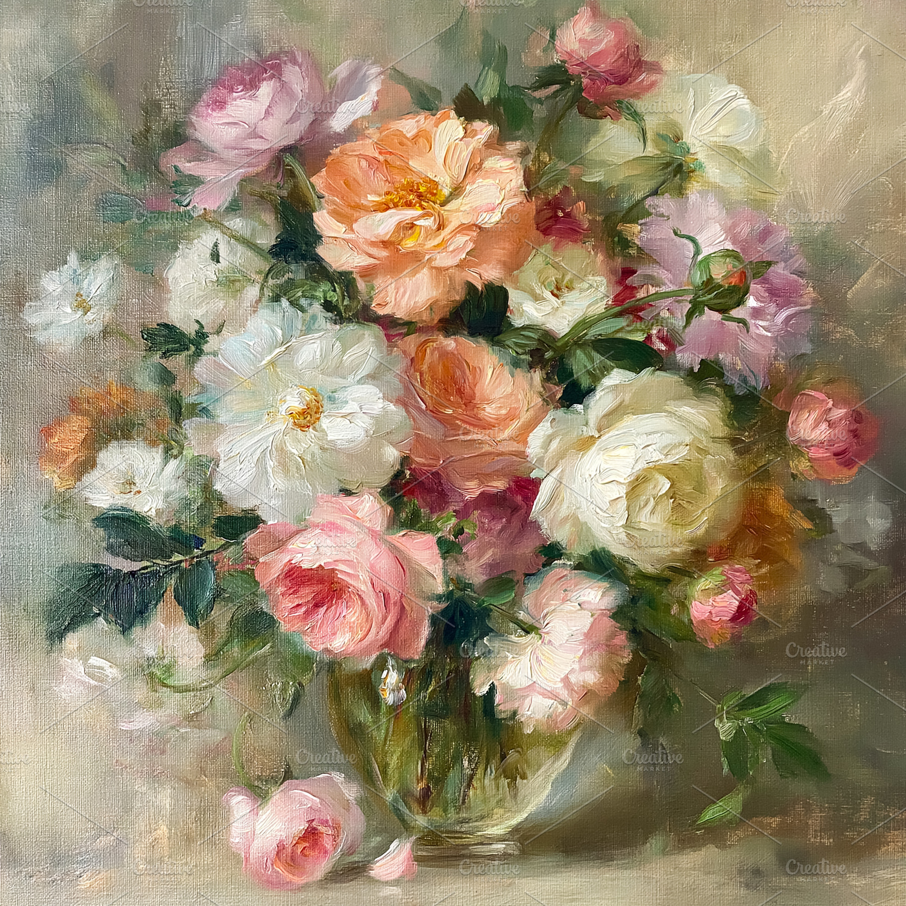 Oil painting featuring a beautiful rose bouquet in a glass vase, a Photo by Studio ANNA