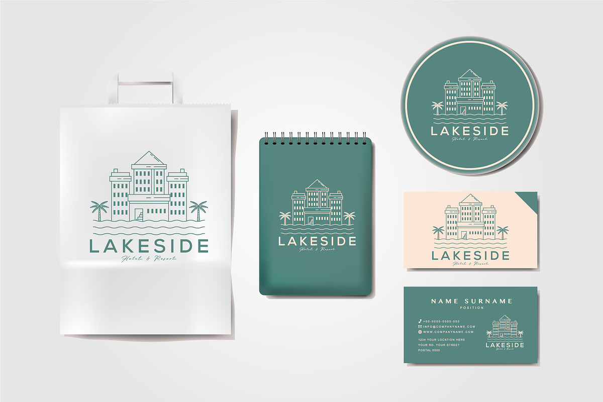 lakeside hotel and resort line art, a Graphic by Rizkaarishandy_shop (Photo 2 of 2)