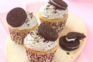Chocolate cookie cupcakes stock photo containing background and baked