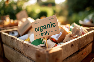 Organic produce displayed in wooden crate during sunny outdoor market setting, a Photo by AlyaAnd
