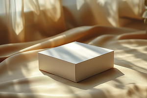 A simplistic, elegant white box rests on a soft, golden fabric, illuminated by, a Business Photo by ImageMir