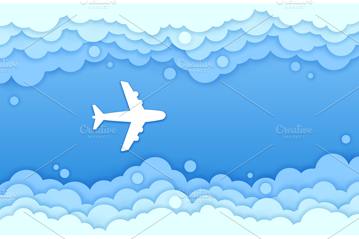 Top view of paper cut plane in sky, a Transportation Illustration by Buch&Bee