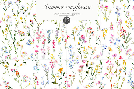watercolor wildflower pattern set, a Pattern Graphic by Patishop Art