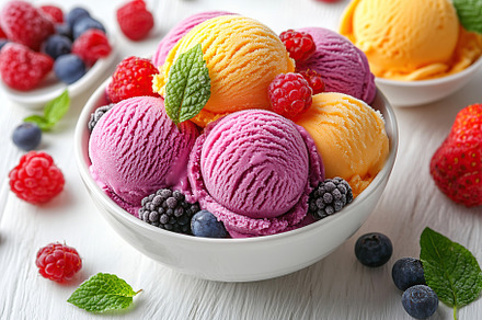 Vibrant scoops of colorful ice cream are served in a bowl, garnished with berri, a Food & Drink Photo by AlyaAnd