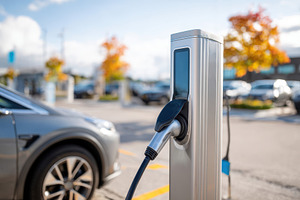 Electric vehicle charging station in urban setting, a Transportation Photo by AlyaAnd