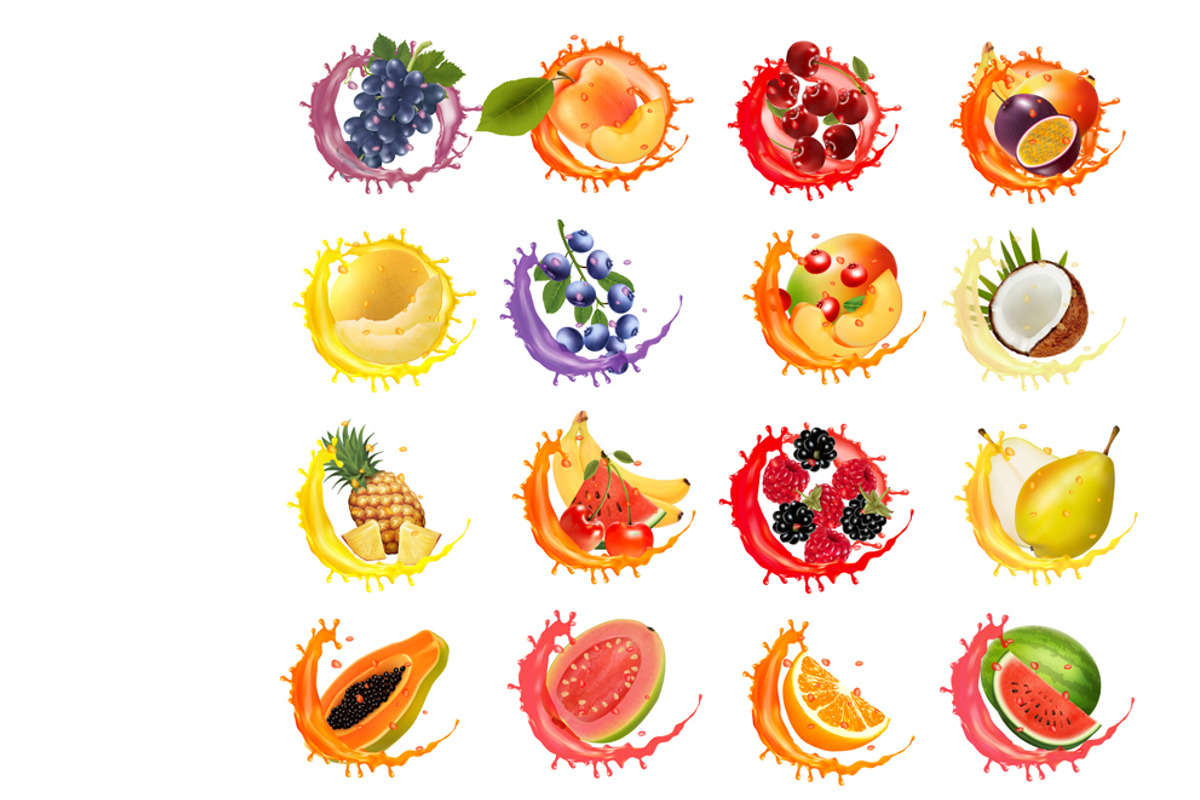 Set of fruit in juice splash. Vector, an Object Graphic by ecco