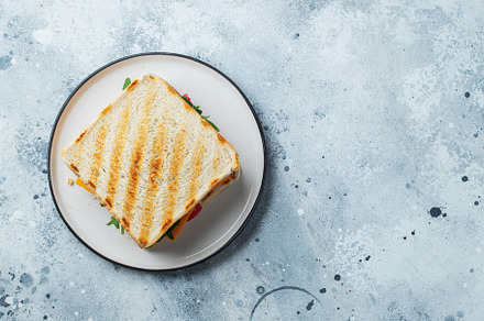 homemade sandwich with sausage, cheese and arugula on a light concrete backgrou, a Food & Drink Photo by Budarinphoto