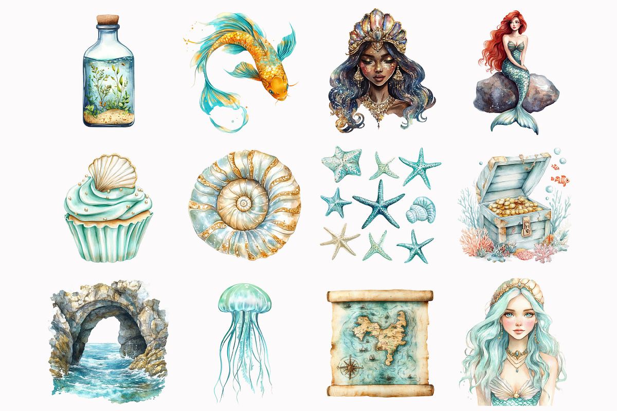 Watercolor Mermaid World Clipart, an Illustration by Design Market (Photo 2 of 3)