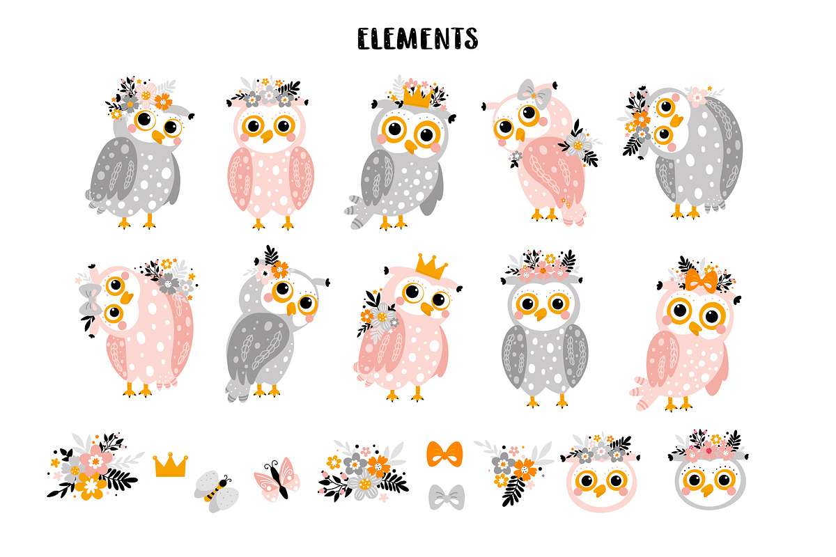 Cute owls with flowers., an Animal Illustration by rosypatterns (Photo 2 of 5)