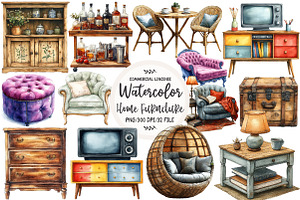 Watercolor Home Furniture Clipart, an Illustration by OK Design