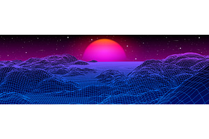 Neon grid landscape and sun with 80s