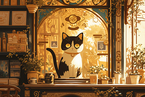 A whimsical illustration of a black and white cat sitting in a sunlit café win, a Photo by Textures & Backgrounds