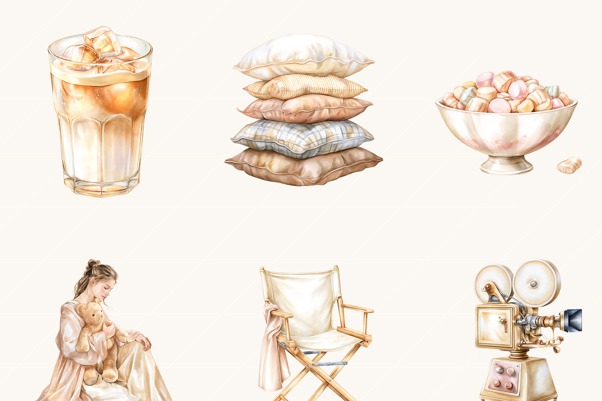 Watercolor Cozy Movie Night Clipart, an Object Illustration by BusyDaydesign (Photo 5 of 9)