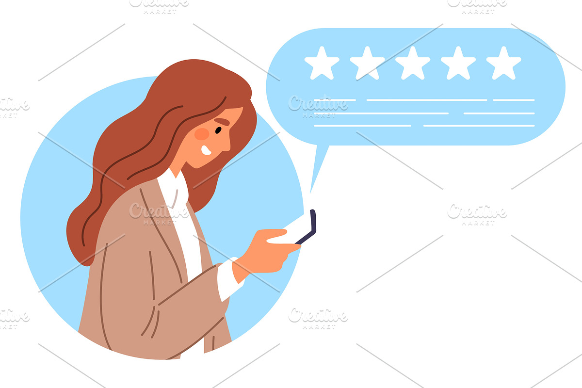 Young woman with phone rates app or, a Person Illustration by Vectorbuum