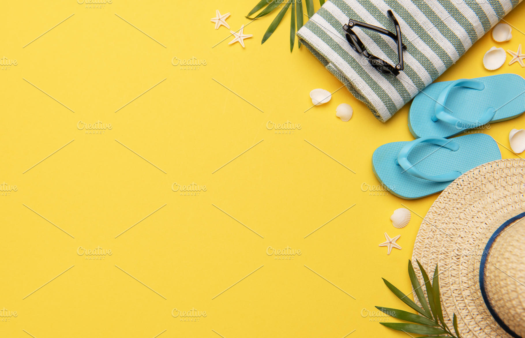 Summer holiday beach background with beach accessories and tropi, a Holiday Photo by Olena Rudo