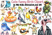 Watercolor Cute Funny Birds Clipart, an Illustration by Sublimation Artist (Thumbnail 1 of 6)