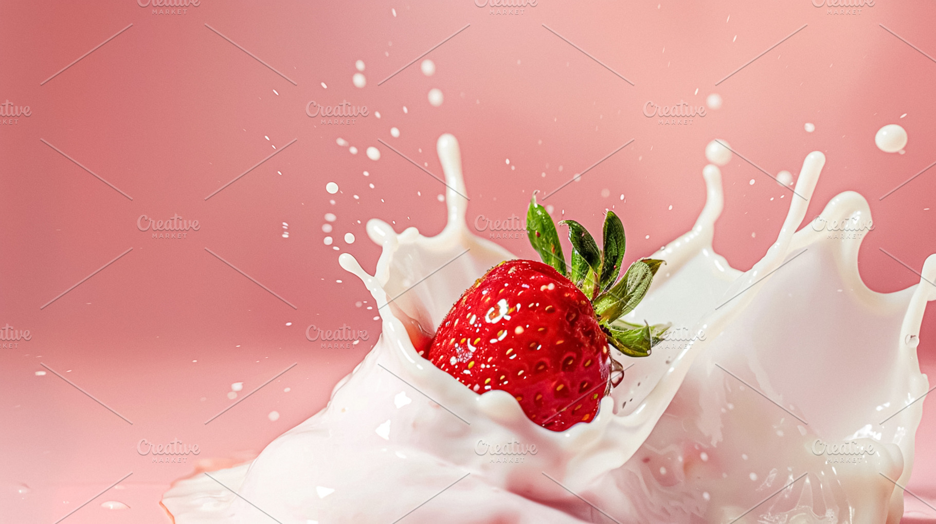 Strawberries falling into cream, milk or yoghurt on pink backgro, a Photo by Studio ANNA