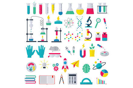 Chemistry vector chemical science or pharmacy research in school laboratory for technology or experiment in laboratory illustration set of lab scientific equipment isolated on background, a Technology Photo by KitVector