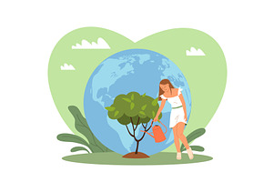 Love of nature. Woman waters tree, an Object Illustration by YummyBuum