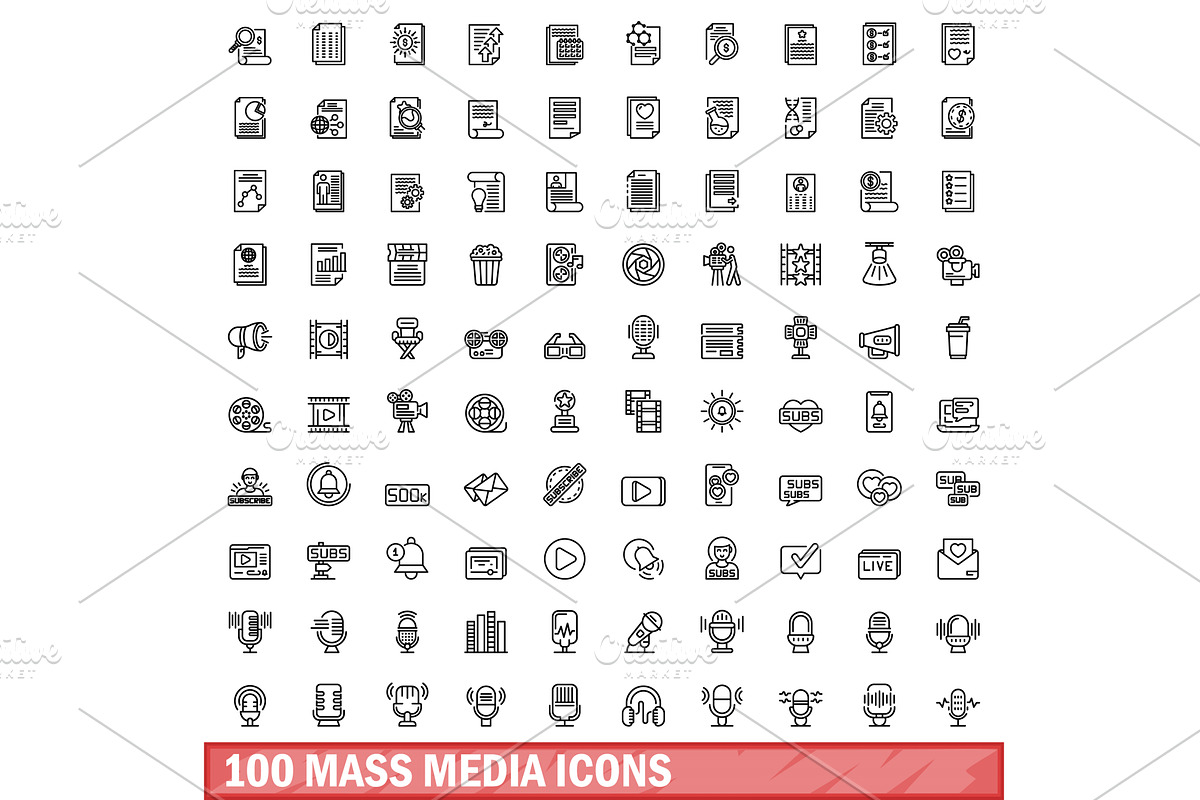100 mass media icons set, outline, an Object Illustration by Ylivdesign