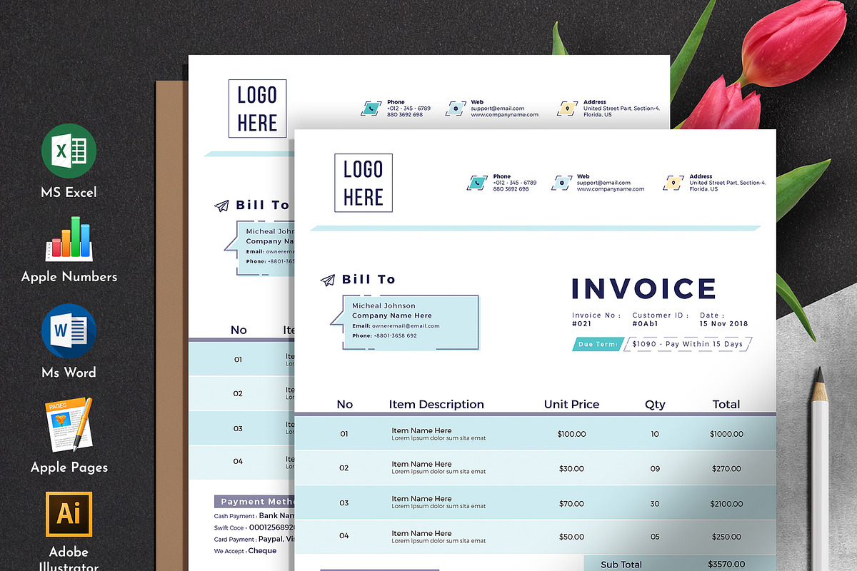 Invoice Template Excel Word Pages, a Stationery Template by Tbunny (Photo 1 of 5)