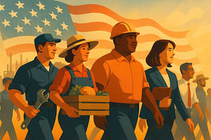 Labor Day workers walking together, generative AI, a Photo by Nito