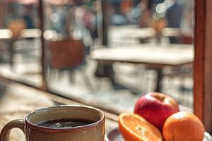 Coffee break city view mug fruit sun, a Photo by Pixeness Studio