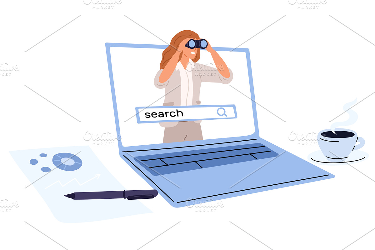 Young woman looks through binoculars, a Technology Illustration by Vectorbuum