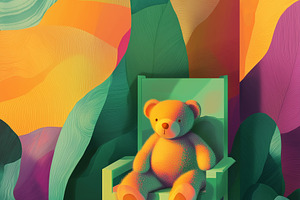A plush yellow bear sits in a green, an Abstract Photo by Imaginarium