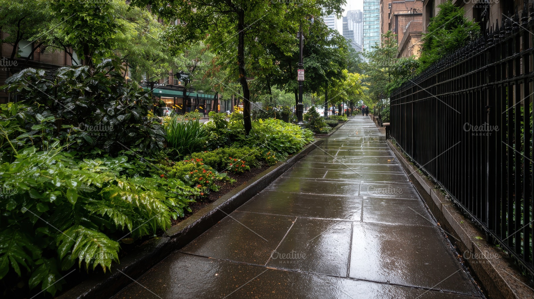 City sidewalk on a rainy day, a Photo by Pavel_design