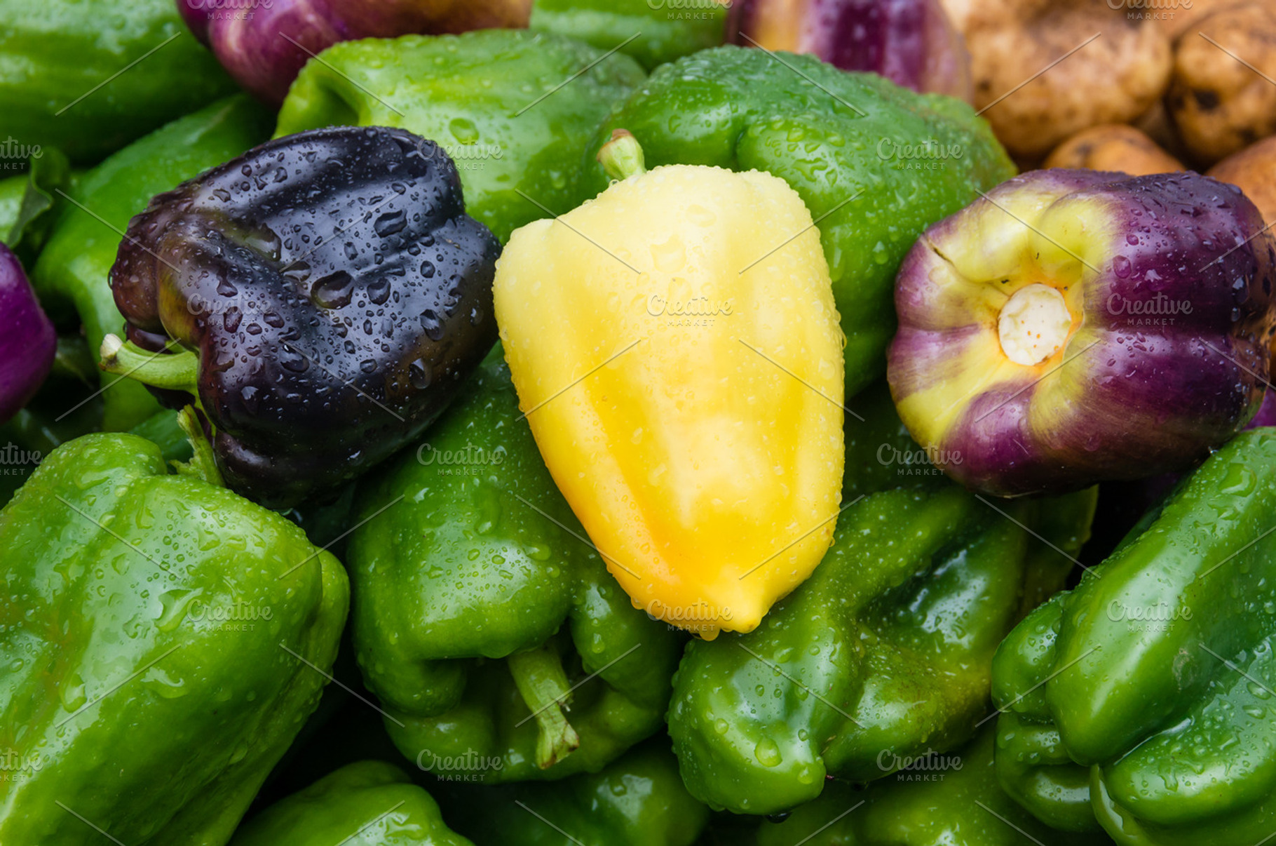 Bell Peppers Green Yellow At Market Containing Food Produce And Grocery