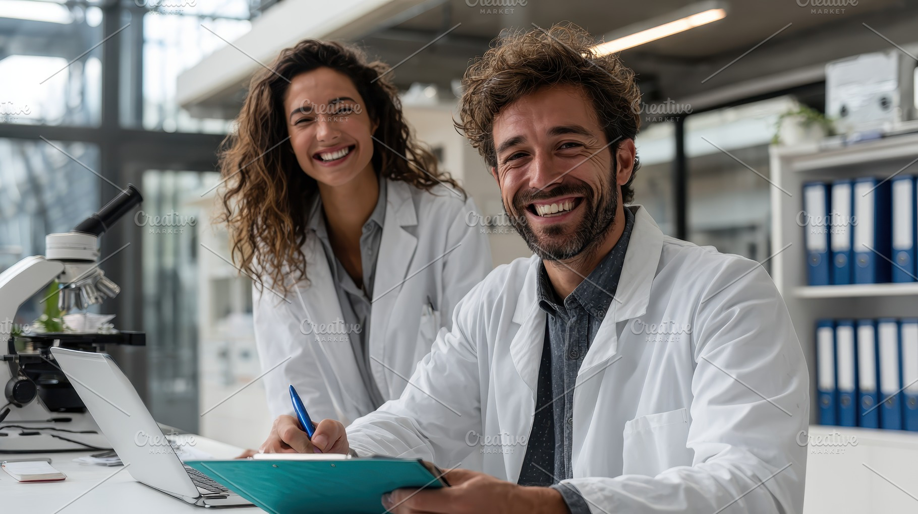 Smiling Scientists Working Together, a Photo by Pixeness Studio