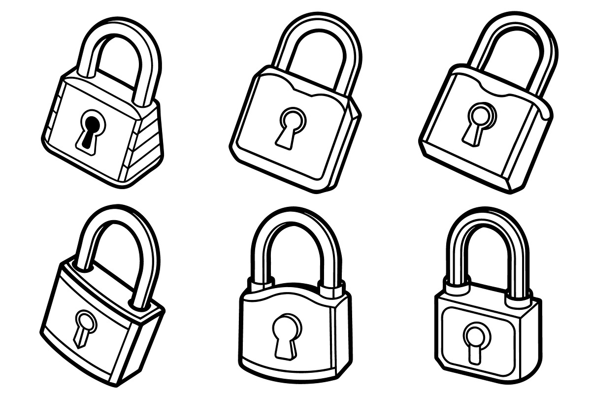 Six Antique Padlocks Depicted, an Object Graphic by Billah Hub