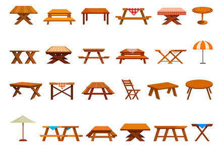 Wooden table picnic icons set, an Illustration by Ylivdesign