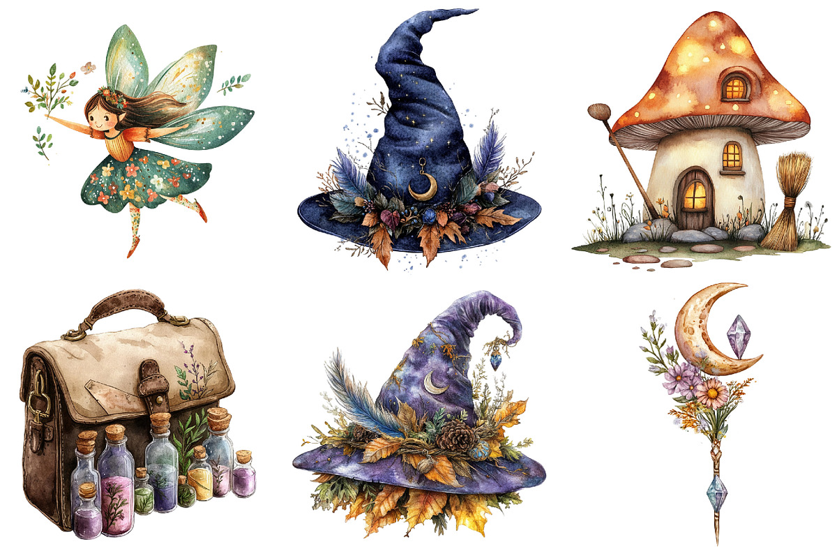 Cozy Magic Fairy Forest Witch png, an Illustration by Watercolor design (Photo 5 of 5)