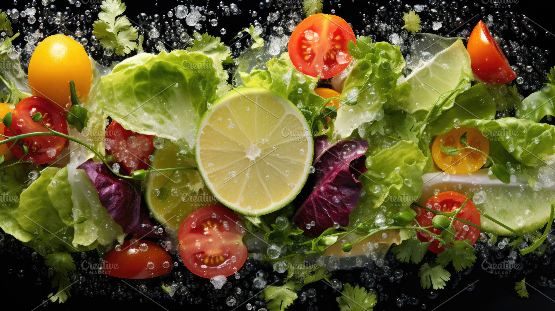 Fresh vegetable salad with citrus, cherry tomatoes, and lettuce, a Photo by Dvoevnore photos