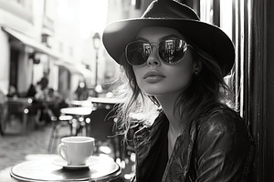 Attractive woman resting in outdoor cafe, photo in black and whi, a Person Photo by AlyaAnd
