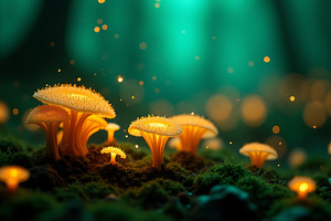 Glowing mushrooms in enchanted fores, a Nature Photo by Artonix