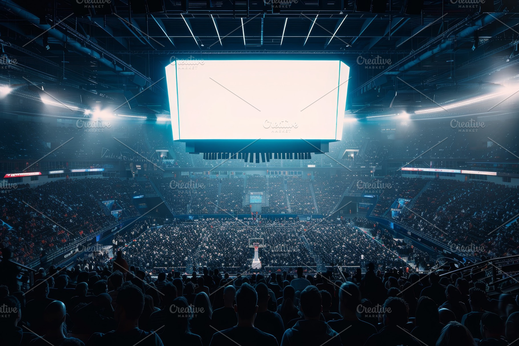 Crowded arena hosting a major basket, a Photo by Tanuart