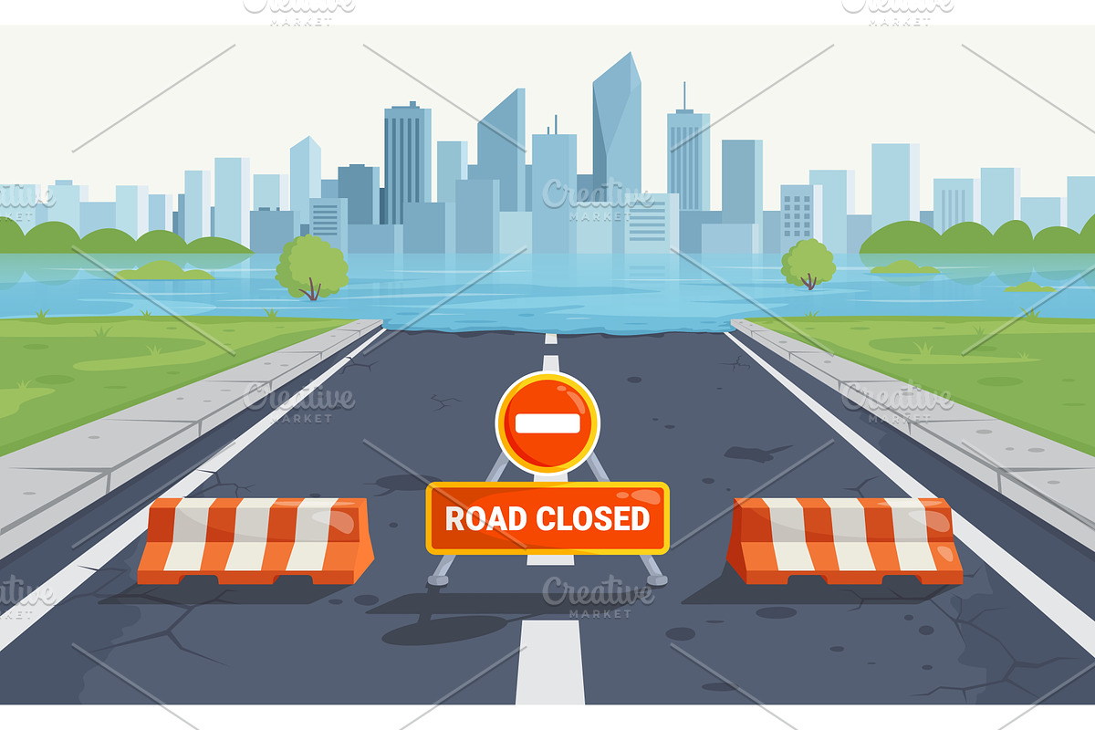 Flood road. Closed traffic car, a Transportation Illustration by Stock-Smart-Start