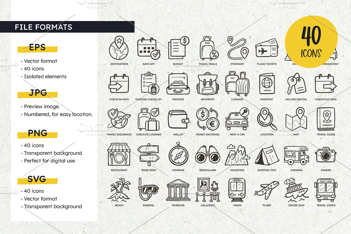 Travel Icons – 40 Hand‑Drawn Icons, an Outline Icon by insemar (Photo 3 of 4)
